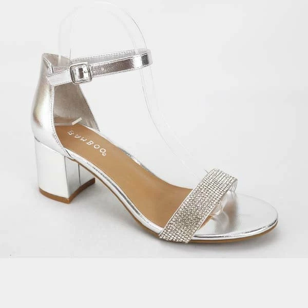 BAMBOO HEADLINE-31 Women's Chunky Rhinestone Block Low Heels